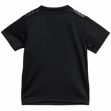 Back view of a plain black short-sleeve T-shirt with a round neckline and faux leather shoulder accents inspired by the iconic style of the adidas Infant All Blacks 24/25 Home Kit.