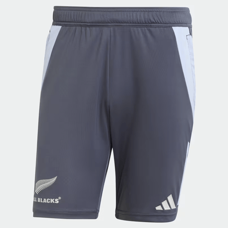 Introducing the All Blacks 24/25 Performance Gym Rugby Shorts by adidas: dark grey athletic shorts with distinctive white side panels, showcasing both the iconic adidas logo and the silver fern emblem with “ALL BLACKS” text near the left hem. Expertly crafted from recycled materials, these gym shorts merge classic adidas rugby style with a sustainable approach.