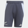The dark gray All Blacks 24/25 Performance Gym Shorts by Adidas are designed with light gray side panels and prominently display the iconic "All Blacks" logo along with the adidas emblem near the hem, crafted from recycled materials for a sustainable finish.