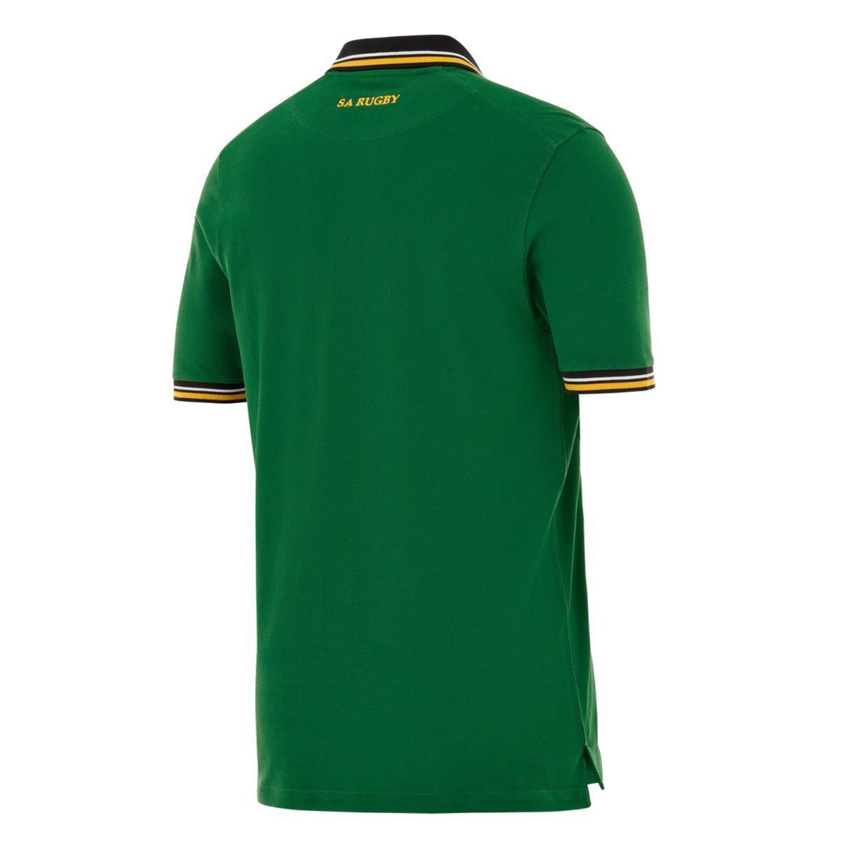 Back view of a green Nike Springboks Heritage Pique Polo with “SA RUGBY” embroidered on the collar and striped trim on the collar and sleeve cuffs.