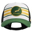 Springboks Trucker Heritage Rugby Cap by Nike featuring a white front with horizontal green and gold stripes, a central Springboks logo patch, and a green brim.