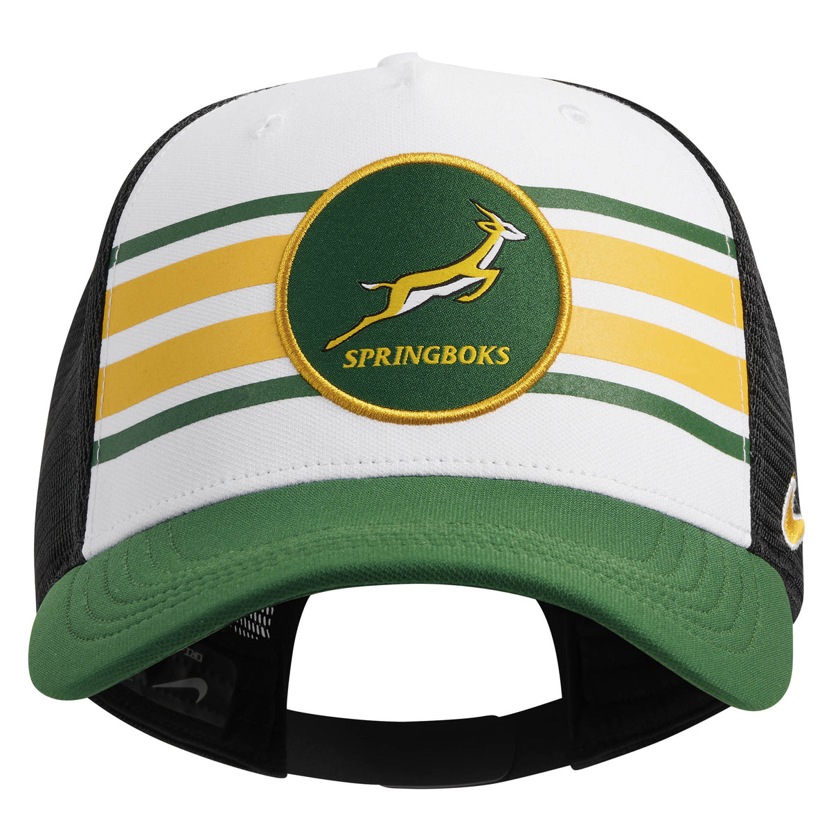 Springboks Trucker Heritage Rugby Cap by Nike featuring a white front with horizontal green and gold stripes, a central Springboks logo patch, and a green brim.