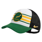 Springboks Trucker Heritage Rugby Cap by Nike with a green visor, green and yellow striped front panels, and a black mesh back.