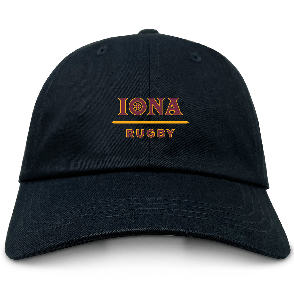 The EMB S&S Activewear Iona College Adult Low-Profile Cotton Twill Dad Cap is a black hat with "IONA RUGBY" embroidered in gold and red on the front.