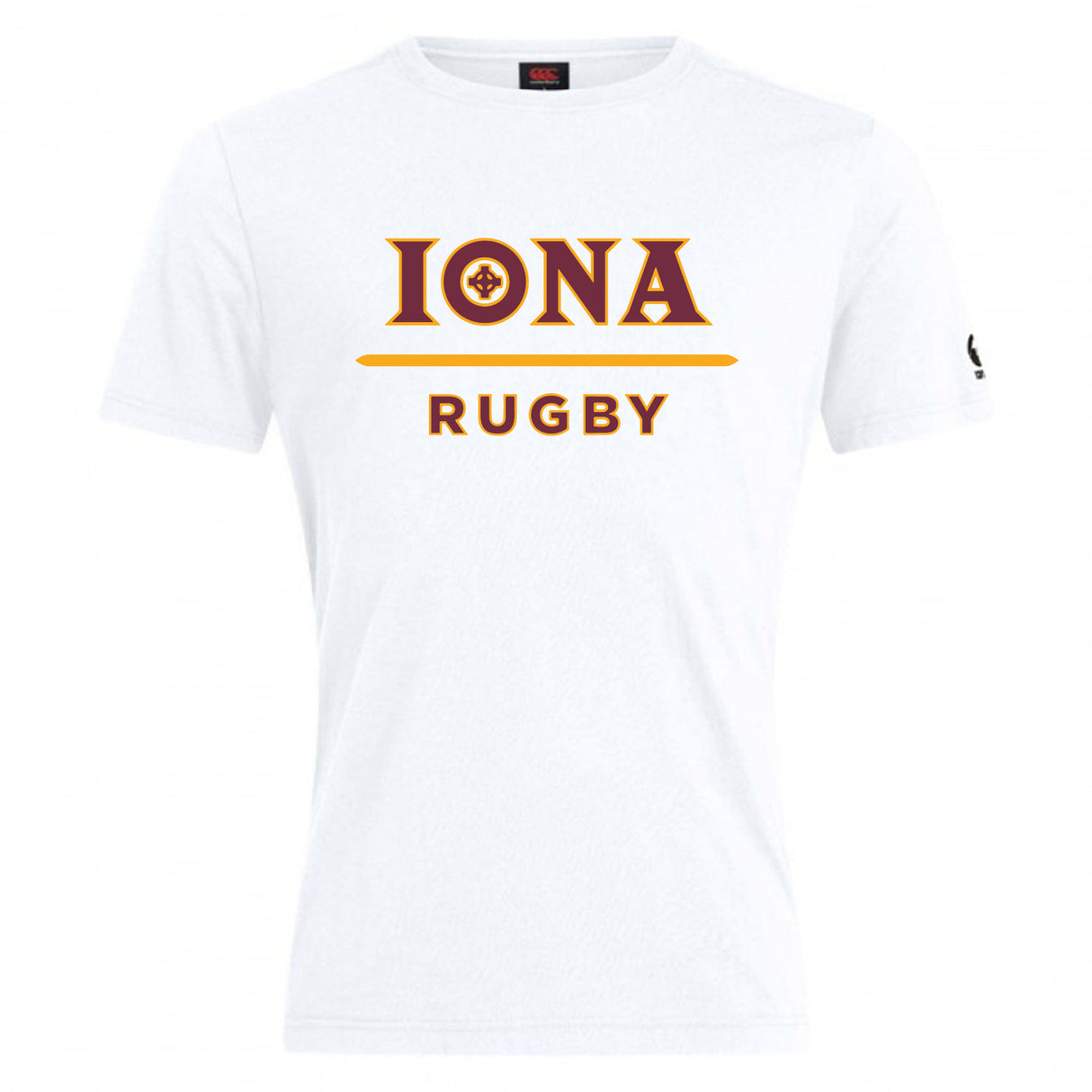The Iona College Club Plain Tee by WRS Canterbury is a white cotton blend t-shirt featuring "IONA RUGBY" printed on the front in gold and maroon text.
