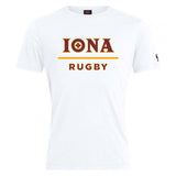 The Iona College Club Plain Tee by WRS Canterbury is a white cotton blend t-shirt featuring "IONA RUGBY" printed on the front in gold and maroon text.