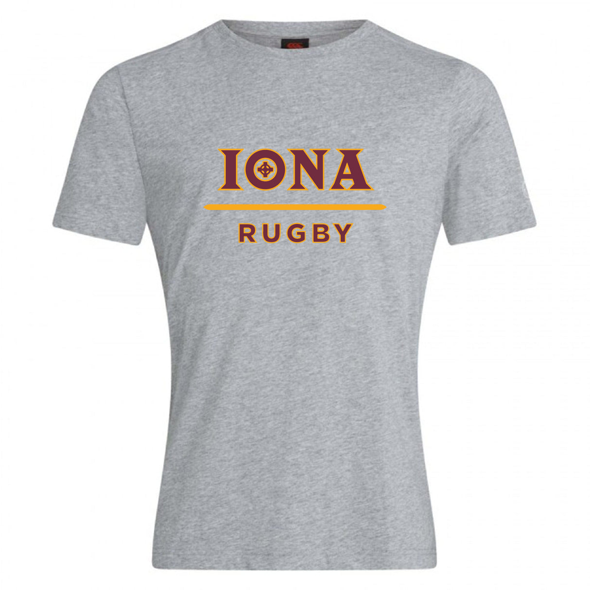 The Iona College Club Plain Tee by Canterbury from WRS Canterbury is a light gray cotton blend shirt with "IONA" in large maroon letters above a yellow line and "RUGBY" in smaller maroon letters below.