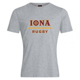 The Iona College Club Plain Tee by Canterbury from WRS Canterbury is a light gray cotton blend shirt with "IONA" in large maroon letters above a yellow line and "RUGBY" in smaller maroon letters below.