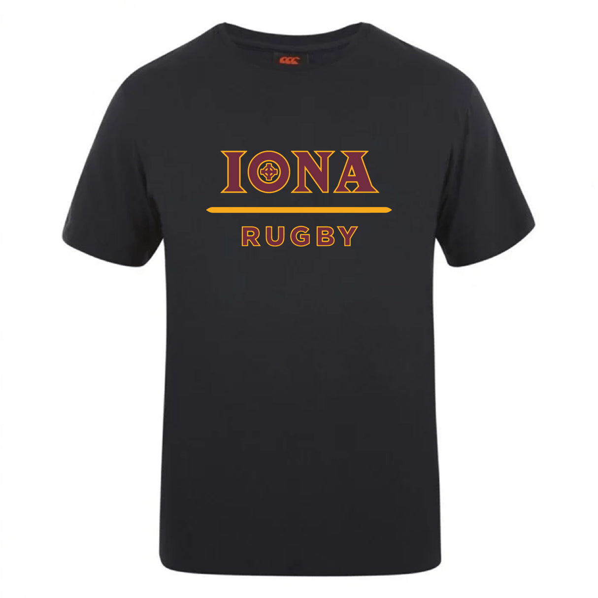 The Iona College Club Plain Tee by WRS Canterbury is a black cotton blend t-shirt with "IONA RUGBY" in gold and maroon lettering across the chest.
