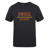 The Iona College Club Plain Tee by WRS Canterbury is a black cotton blend t-shirt with "IONA RUGBY" in gold and maroon lettering across the chest.