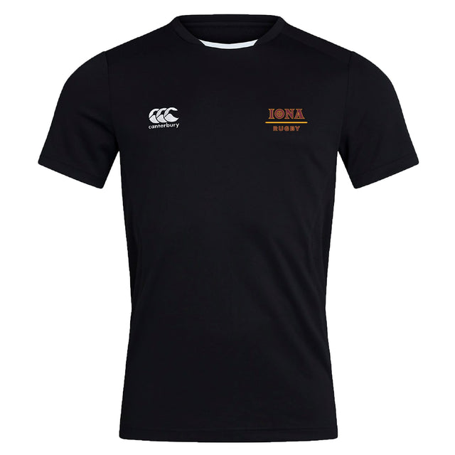 The Iona College Club Dry Tee by EMB Canterbury is a black short-sleeve rugby shirt featuring Vapodri technology for breathability. Includes the Canterbury logo on the right chest and "Iona Rugby" text with crest on the left chest.