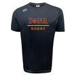 The Iona College Tempo Vapodri T-Shirt by WRS Canterbury features black short sleeves, "IONA RUGBY" in gold and red on the chest, a white Canterbury logo on the shoulder, and moisture-wicking fabric—ideal for fans or players.