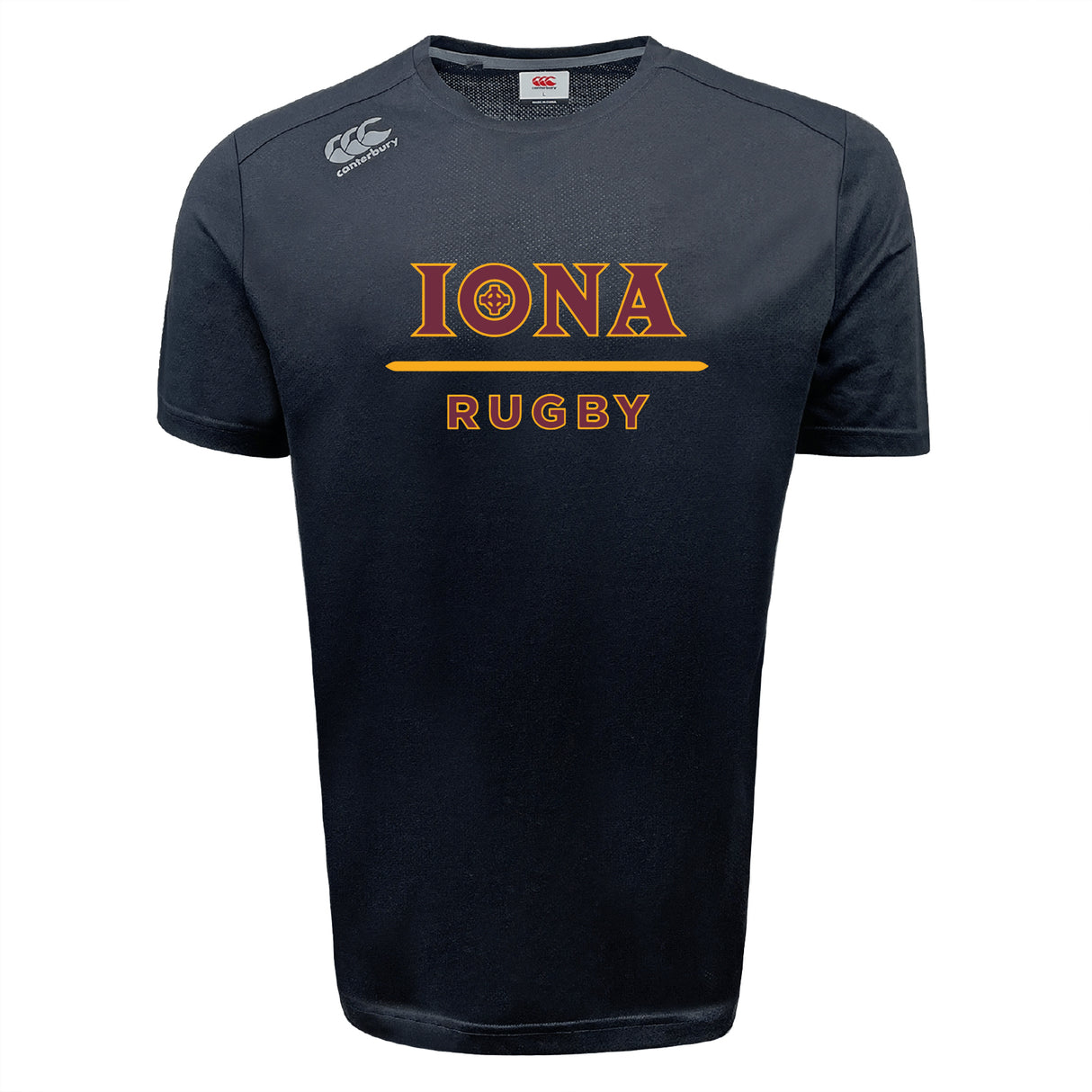 The Iona College Tempo Vapodri T-Shirt by WRS Canterbury features black short sleeves, "IONA RUGBY" in gold and red on the chest, a white Canterbury logo on the shoulder, and moisture-wicking fabric—ideal for fans or players.