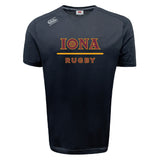 The Iona College Tempo Vapodri T-Shirt by WRS Canterbury features black short sleeves, "IONA RUGBY" in gold and red on the chest, a white Canterbury logo on the shoulder, and moisture-wicking fabric—ideal for fans or players.