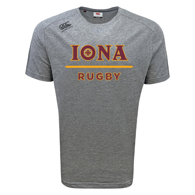The Iona College Tempo Vapodri T-Shirt by WRS Canterbury is a gray short-sleeve sports tee with "IONA RUGBY" in maroon and gold on the front, a black Canterbury logo, and moisture-wicking fabric for comfort.