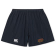 The Iona College Yokohama Short by EMB Canterbury features a navy blue design with an elastic waistband, white Canterbury logo on the left leg, and orange "IONA RUGBY" branding on the right—ideal for match day comfort.