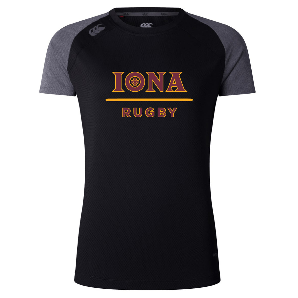 WRS Canterbury’s Iona College Women’s Elite Training Tee features short sleeves, black and dark gray design, and “IONA RUGBY” in maroon and gold on the front—ideal for elite athletic performance.