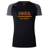 WRS Canterbury’s Iona College Women’s Elite Training Tee features short sleeves, black and dark gray design, and “IONA RUGBY” in maroon and gold on the front—ideal for elite athletic performance.