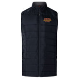 The EMB Canterbury Iona College Women's Elite Microlite Gilet features black insulation, a front zipper, and a red and yellow "IONA RUGBY" logo on the left chest, offering both style and warmth.