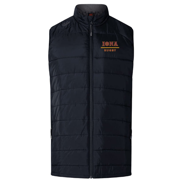 The EMB Canterbury Iona College Women's Elite Microlite Gilet features black insulation, a front zipper, and a red and yellow "IONA RUGBY" logo on the left chest, offering both style and warmth.