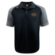 The Iona College Elite Polo by EMB Canterbury features black and gray short sleeves, the "Iona Rugby" red/yellow logo on the left chest, and lightweight Vapodri fabrics for active comfort.