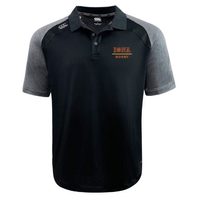 The Iona College Elite Polo by EMB Canterbury features black and gray short sleeves, the "Iona Rugby" red/yellow logo on the left chest, and lightweight Vapodri fabrics for active comfort.