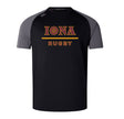 The Iona College Elite Training Tee by WRS Canterbury is a black and gray short-sleeve shirt with "IONA RUGBY" in gold and red, made from lightweight, durable Vapodri fabric—perfect for intense workouts or an elite training look.