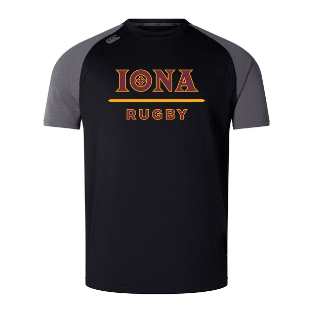The Iona College Elite Training Tee by WRS Canterbury is a black and gray short-sleeve shirt with "IONA RUGBY" in gold and red, made from lightweight, durable Vapodri fabric—perfect for intense workouts or an elite training look.