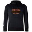 The Iona College Club Lightweight Hoodie by WRS Canterbury features "IONA" in gold and red above "RUGBY" in gold, with a kangaroo pocket, drawstring hood, and lightweight Canterbury Club style.