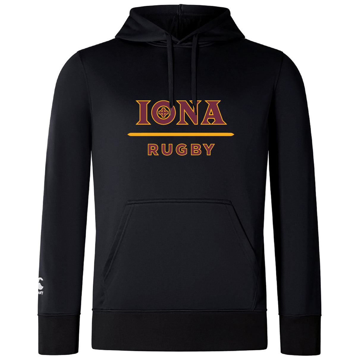 The Iona College Club Lightweight Hoodie by WRS Canterbury features "IONA" in gold and red above "RUGBY" in gold, with a kangaroo pocket, drawstring hood, and lightweight Canterbury Club style.