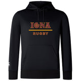 The Iona College Club Lightweight Hoodie by WRS Canterbury features "IONA" in gold and red above "RUGBY" in gold, with a kangaroo pocket, drawstring hood, and lightweight Canterbury Club style.
