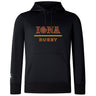 The Iona College Club Lightweight Hoodie by WRS Canterbury features "IONA" in gold and red above "RUGBY" in gold, with a kangaroo pocket, drawstring hood, and lightweight Canterbury Club style.