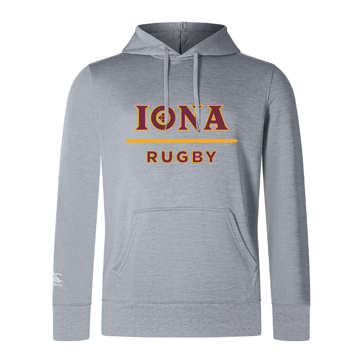 The Iona College Club Lightweight Hoodie by Canterbury (WRS Canterbury) is a light gray hoodie with "IONA" in maroon and gold above "RUGBY" in gold, featuring a front pocket, drawstring hood, and custom design inspired by Canterbury Club classics.