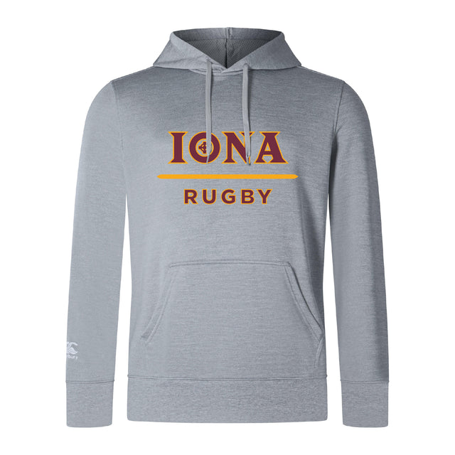 The Iona College Club Lightweight Hoodie by Canterbury (WRS Canterbury) is a light gray hoodie with "IONA" in maroon and gold above "RUGBY" in gold, featuring a front pocket, drawstring hood, and custom design inspired by Canterbury Club classics.