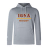 The Iona College Club Lightweight Hoodie by Canterbury (WRS Canterbury) is a light gray hoodie with "IONA" in maroon and gold above "RUGBY" in gold, featuring a front pocket, drawstring hood, and custom design inspired by Canterbury Club classics.