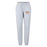 The Iona College Women's Leisure Sweatpant by EMB Canterbury is a light gray, soft organic cotton pant with a drawstring waist, "IONA RUGBY" in maroon and gold on the left thigh, and a small white logo on the right thigh.