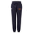 The Iona College Women's Leisure Sweatpant by EMB Canterbury features a navy blue color, drawstring waist, cuffed ankles, white logo on the left thigh, and "IONA RUGBY" in orange and gold on the right thigh. Made from soft organic cotton for comfort.