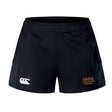 The Iona College Women's Advantage Short 2.0 by EMB Canterbury blends style and sustainability, featuring a white Canterbury logo and bold orange "IONA RUGBY" text—ideal athletic shorts for active lifestyles.