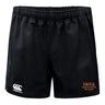 The Iona College Professional Polyester Rugby Short by EMB Canterbury features an elastic waistband, classic pockets, the Canterbury logo on the left leg, and Iona Rugby text and logo on the right, blending comfort and durable style.