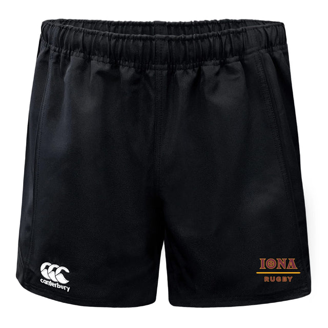Iona College Advantage Rugby Shorts by EMB Canterbury feature the Canterbury logo on the left leg and Iona Rugby logo on the right. These moisture-wicking shorts keep you cool and comfortable on and off the field.