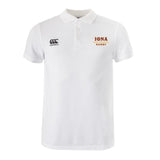 The Iona College Waimak Polo by EMB Canterbury is a white men’s short sleeve shirt with the Canterbury logo on the right chest and "IONA RUGBY" in maroon and gold on the left, in classic CCC Waimak Rugby Polo style.