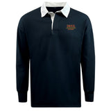 The EMB Mudoo Iona College Classic Long Sleeve Solid Rugby Jersey features a navy body, white collar, and "IONA RUGBY" embroidered in red and gold on the left chest. Made from a durable cotton-poly blend for lasting comfort.