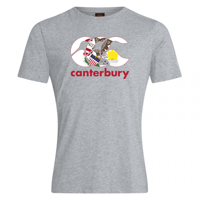 Show your rugby pride in the Canterbury Illinois CCC Flag Club T-shirt by WRS Canterbury, featuring a light grey design with a bold Canterbury Kiwi logo and “canterbury” in striking red text.