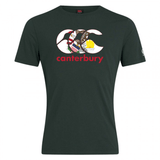 The Canterbury Illinois CCC Flag Club T-shirt by WRS Canterbury is dark green with a white and red "CCC" logo, graphic patterns, and "canterbury" in red on the chest, inspired by the classic CCC Flag Club tee.