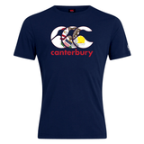 The WRS Canterbury Illinois CCC Flag Club T-shirt is a navy blue rugby tee with a large CCC logo featuring a colorful graphic and "canterbury" below in red, inspired by the classic CCC Flag Club design.