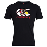 Show your rugby pride in the Canterbury Illinois CCC Flag Club T-shirt by WRS Canterbury, featuring a black short sleeve design with a Canterbury Kiwi Logo, multi-pattern print, and "canterbury" in red across the chest.