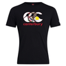 Show your rugby pride in the Canterbury Illinois CCC Flag Club T-shirt by WRS Canterbury, featuring a black short sleeve design with a Canterbury Kiwi Logo, multi-pattern print, and "canterbury" in red across the chest.