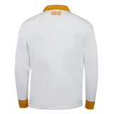 Back view of the Nike Springboks Heritage Long Sleeve Rugby Jersey in white with mustard yellow collar and cuffs, plus printed text below the collar—a modern twist on classic Springboks style.