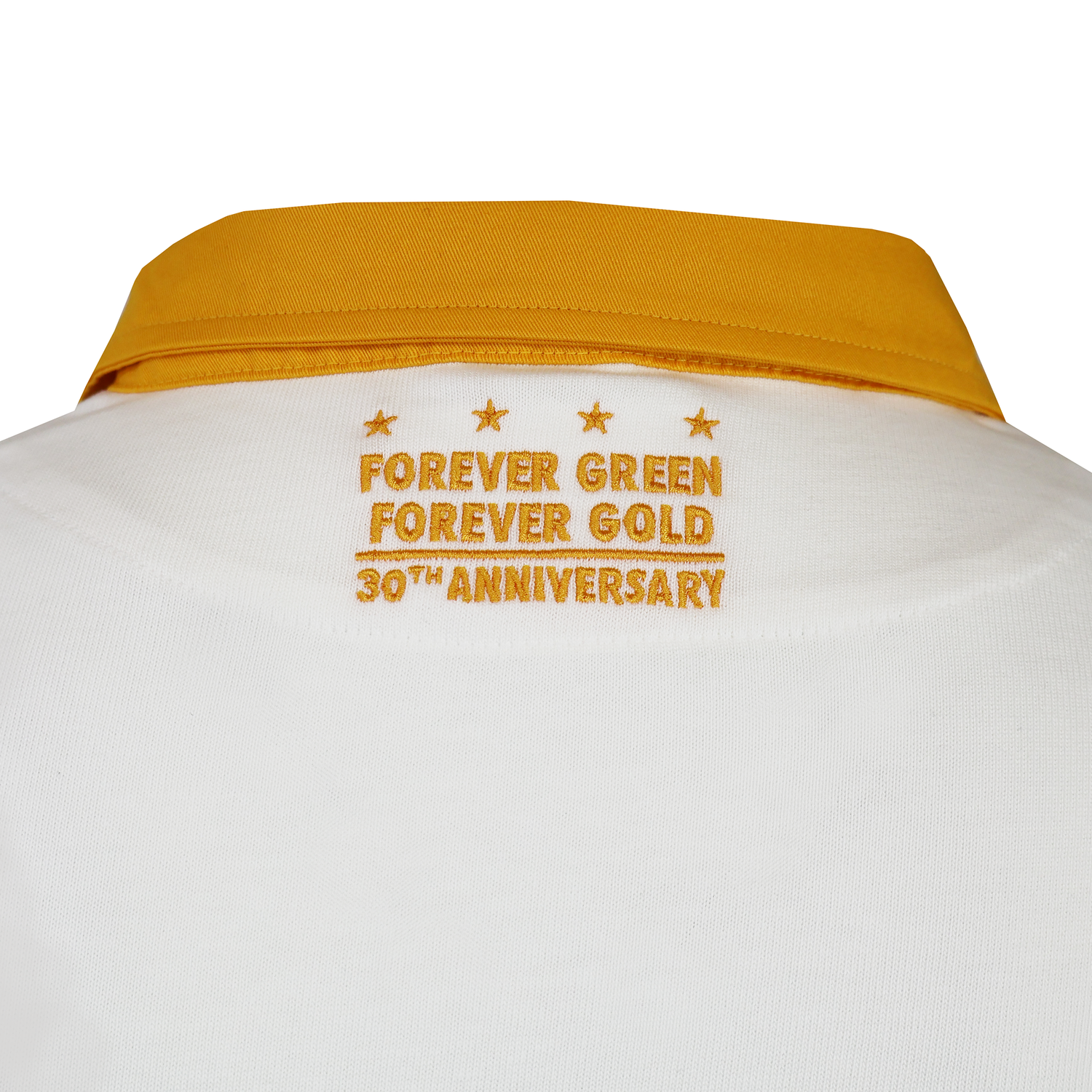 Close-up of the back of the Nike Springboks Heritage Long Sleeve Rugby Jersey, featuring a yellow collar, embroidered gold "FOREVER GREEN FOREVER GOLD 30TH ANNIVERSARY" text, and four stars to honor the Springboks.