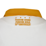 Close-up of the back of the Nike Springboks Heritage Long Sleeve Rugby Jersey, featuring a yellow collar, embroidered gold "FOREVER GREEN FOREVER GOLD 30TH ANNIVERSARY" text, and four stars to honor the Springboks.